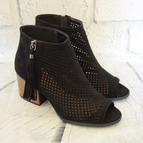 Qupid Shoes - Ankle Booties Black Perforated Tassel Zip Open Toe